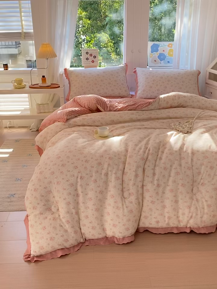 91家纺网 家纺一手货源 找家纺 宝士康家纺 2025新品豆豆绒小花边印花被子被芯冬被/秋冬被/被芯/跨境外贸 春樱
