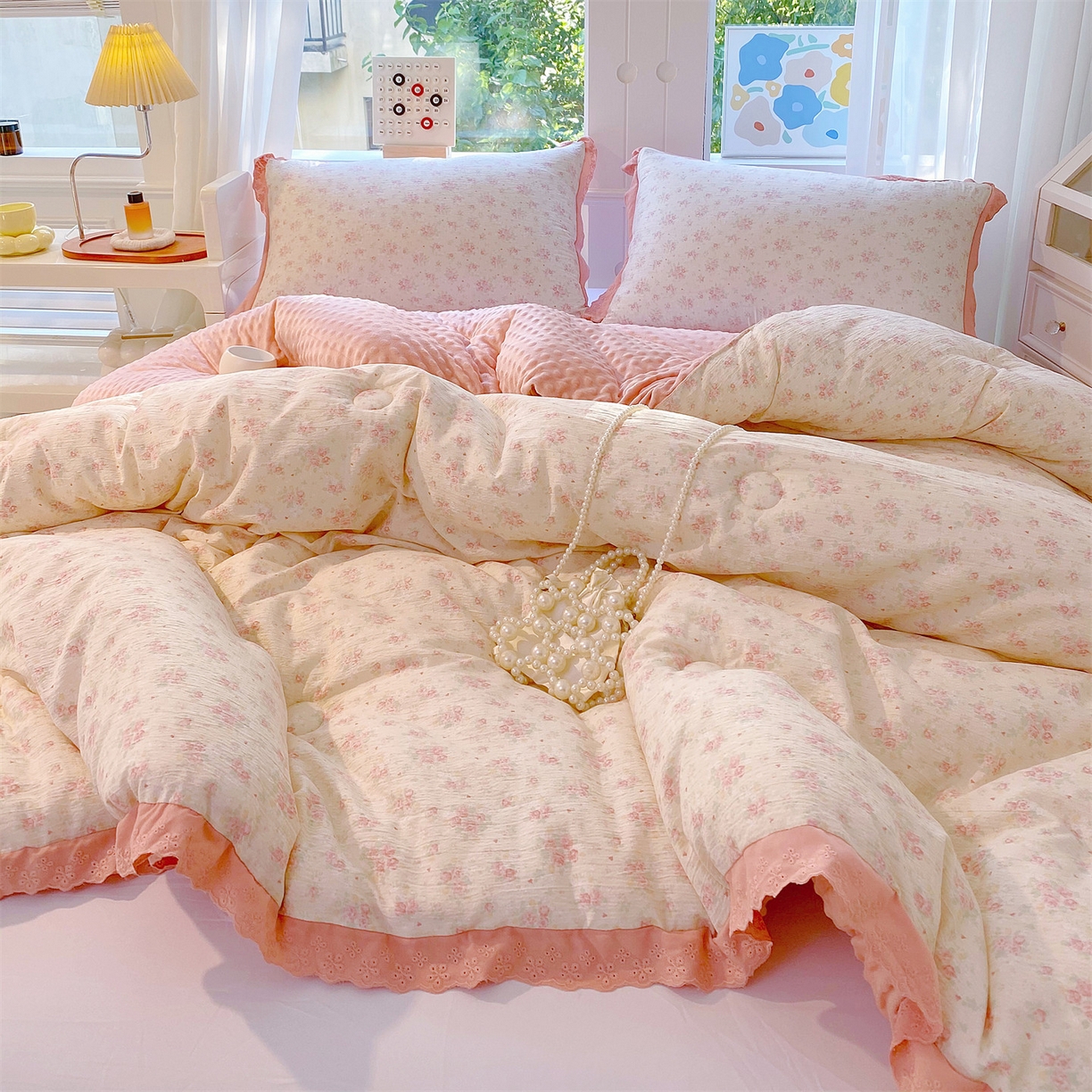 91家纺网 家纺一手货源 找家纺 宝士康家纺 2025新品豆豆绒小花边印花被子被芯冬被/秋冬被/被芯/跨境外贸 春樱