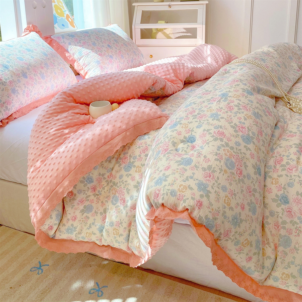 91家纺网 家纺一手货源 找家纺 宝士康家纺 2025新品豆豆绒小花边印花被子被芯冬被/秋冬被/被芯/跨境外贸 惜花芷