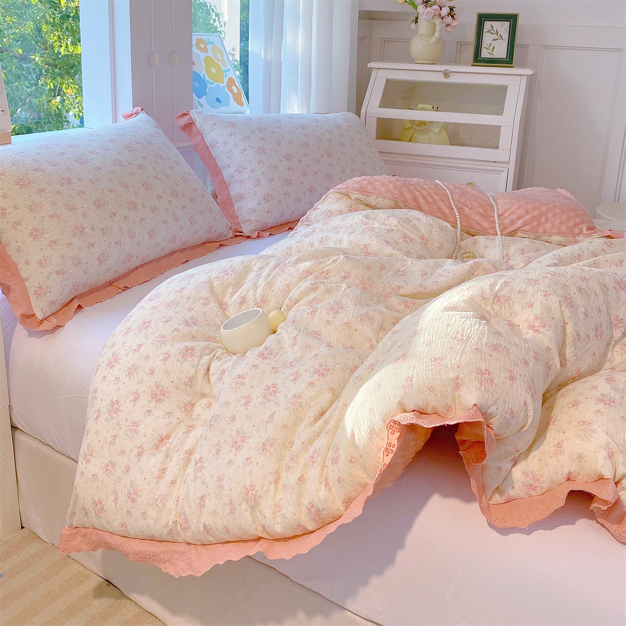 91家纺网 家纺一手货源 找家纺 宝士康家纺 2025新品豆豆绒小花边印花被子被芯冬被/秋冬被/被芯/跨境外贸 春樱