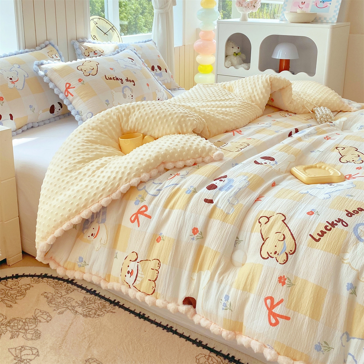 91家纺网 家纺一手货源 找家纺 宝士康家纺 2025新品毛球花边豆豆绒被子被芯冬被/春秋被/被芯/跨境外贸 萌犬小铺