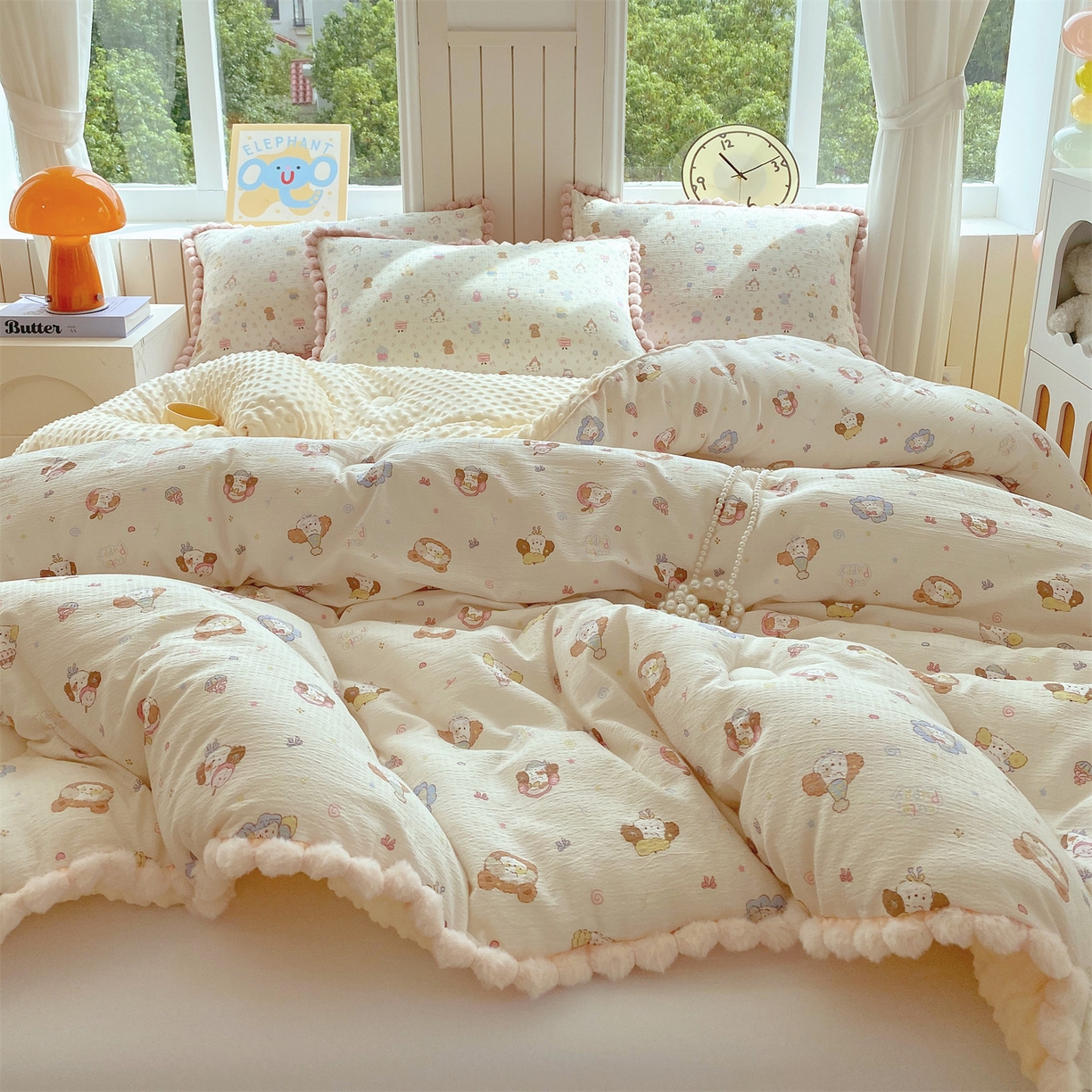 91家纺网 家纺一手货源 找家纺 宝士康家纺 2025新品毛球花边豆豆绒被子被芯冬被/春秋被/被芯/跨境外贸 松饼小狗