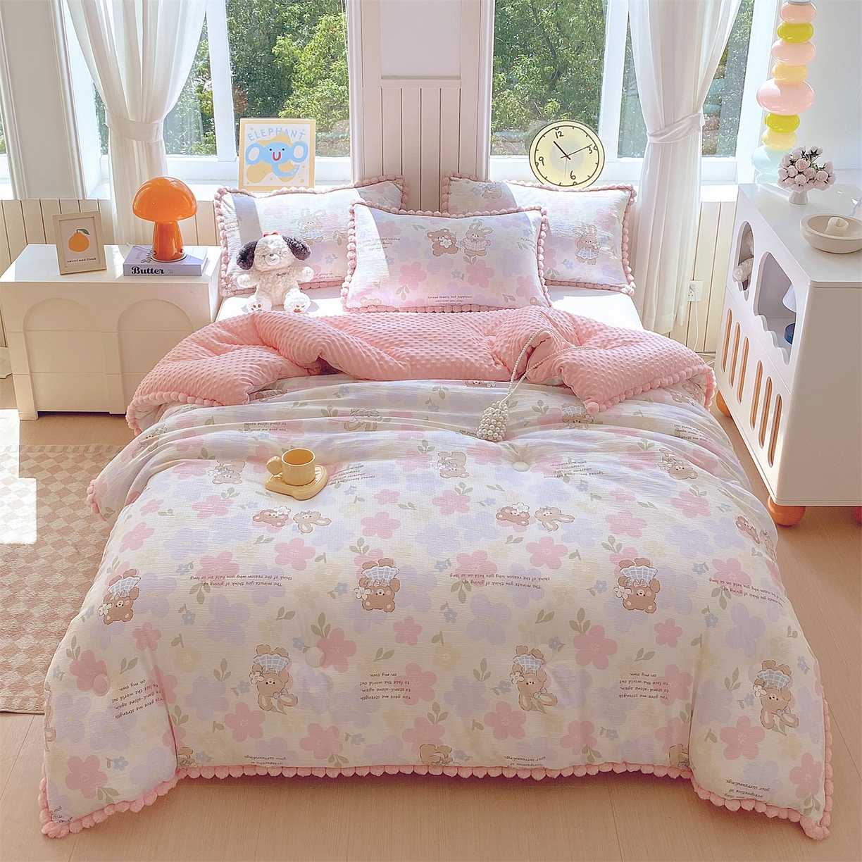 91家纺网 家纺一手货源 找家纺 宝士康家纺 2025新品毛球花边豆豆绒被子被芯冬被/春秋被/被芯/跨境外贸 花漾甜心