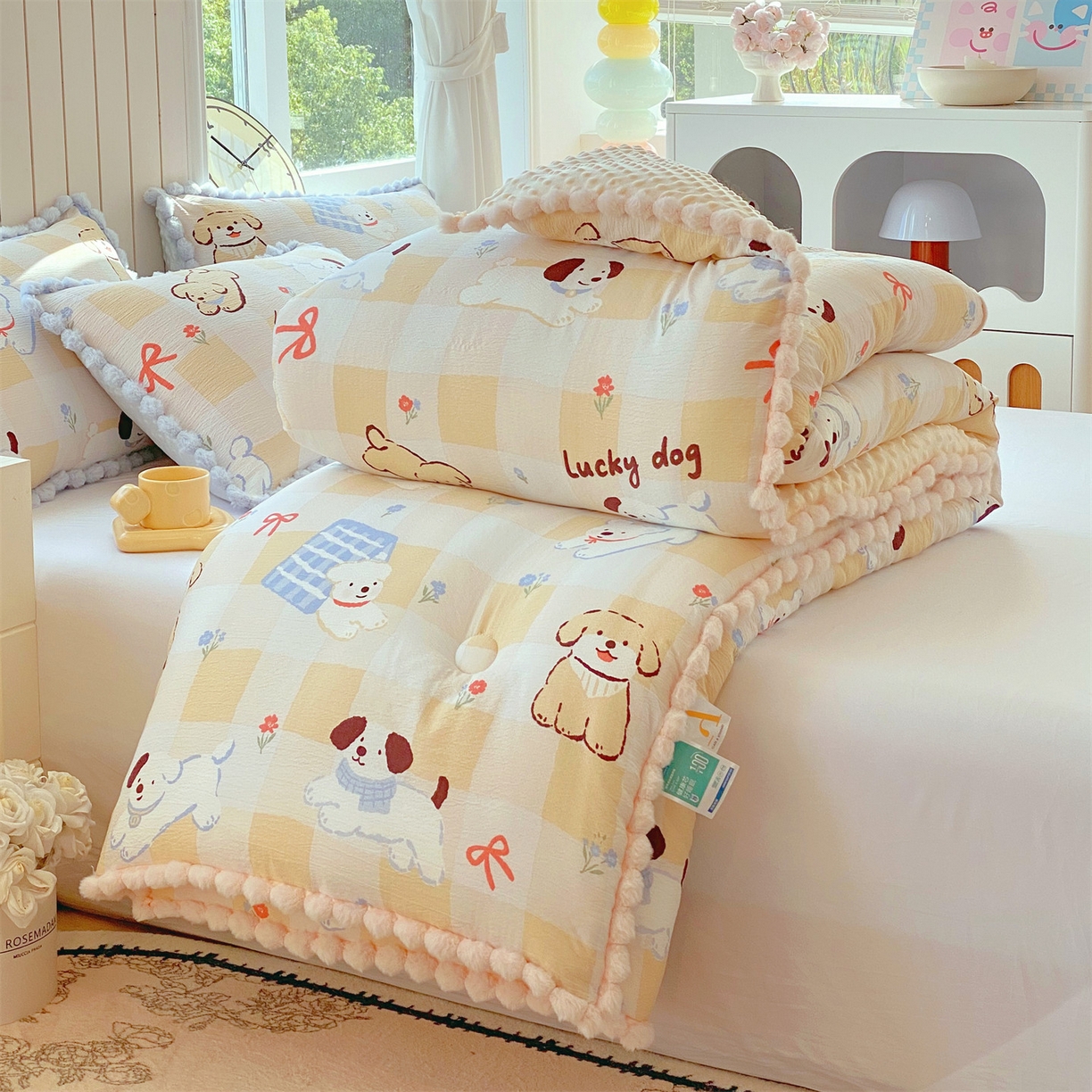 91家纺网 家纺一手货源 找家纺 宝士康家纺 2025新品毛球花边豆豆绒被子被芯冬被/春秋被/被芯/跨境外贸 萌犬小铺