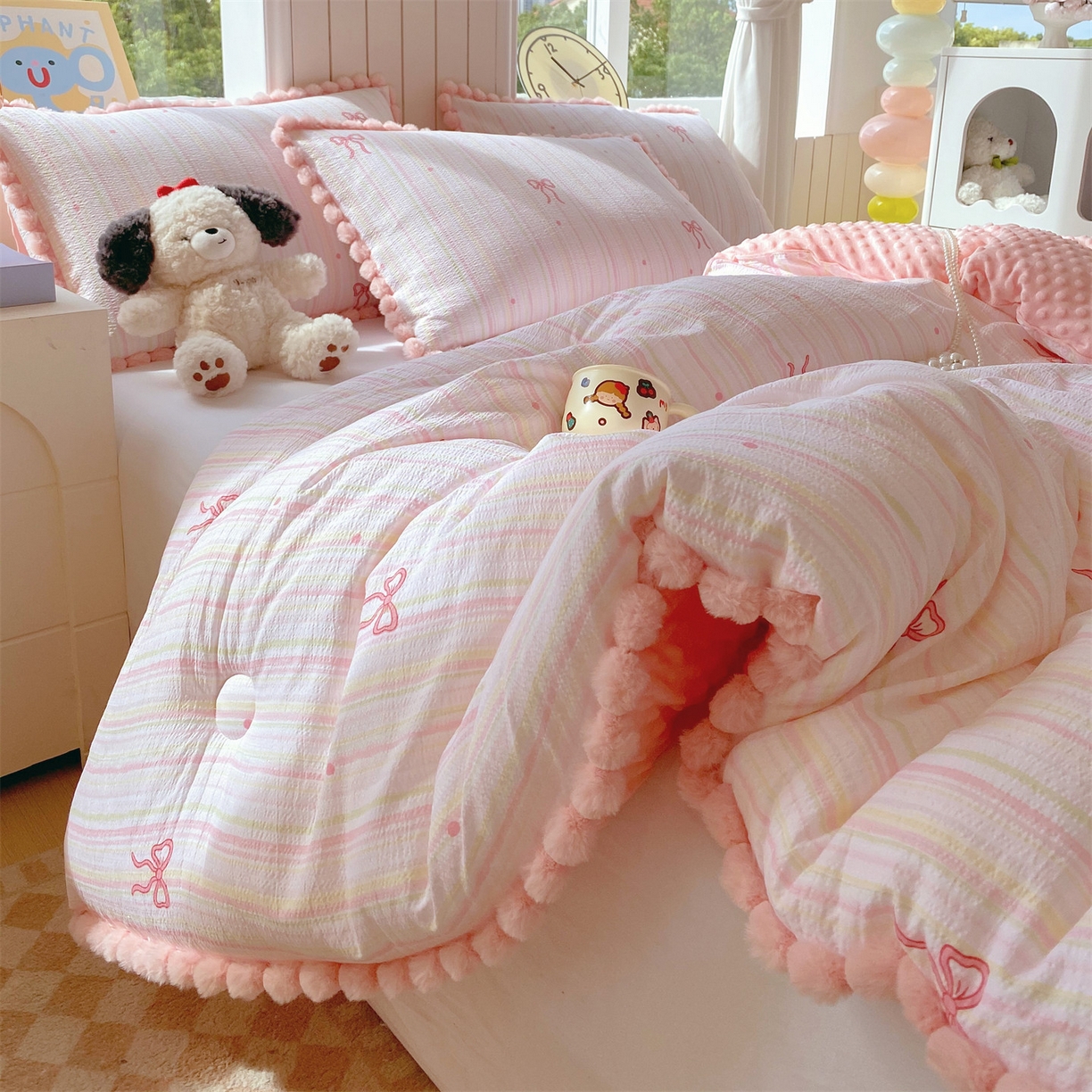 91家纺网 家纺一手货源 找家纺 宝士康家纺 2025新品毛球花边豆豆绒被子被芯冬被/春秋被/被芯/跨境外贸 千夏