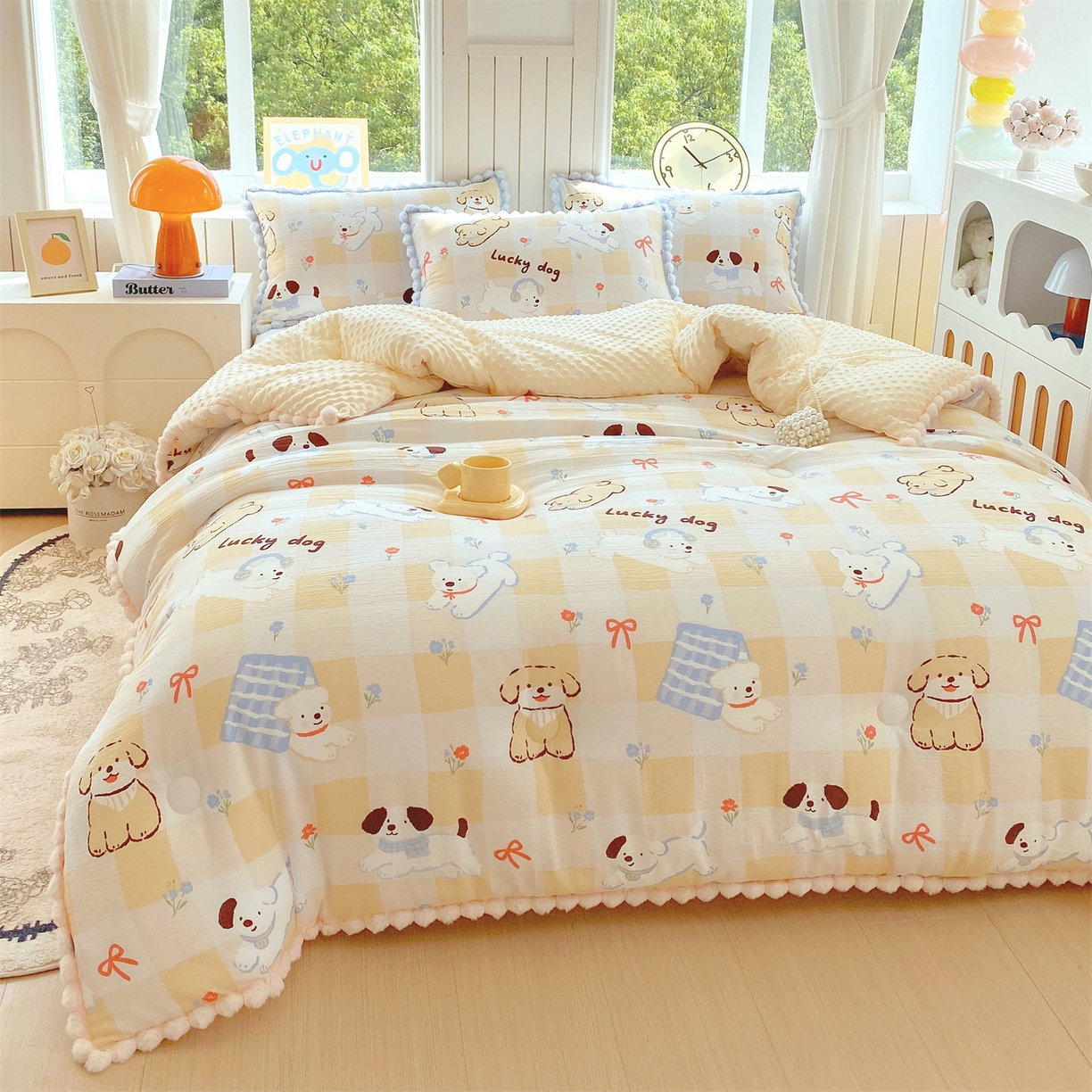 91家纺网 家纺一手货源 找家纺 宝士康家纺 2025新品毛球花边豆豆绒被子被芯冬被/春秋被/被芯/跨境外贸 萌犬小铺