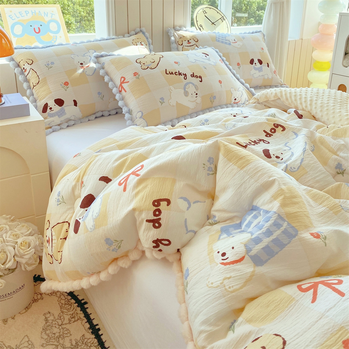 91家纺网 家纺一手货源 找家纺 宝士康家纺 2025新品毛球花边豆豆绒被子被芯冬被/春秋被/被芯/跨境外贸 萌犬小铺