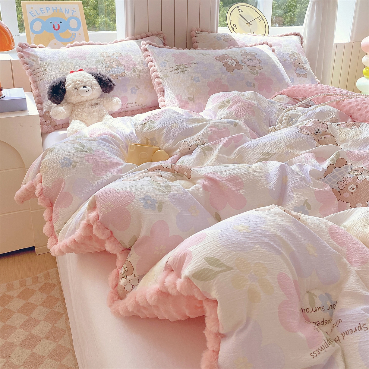 91家纺网 家纺一手货源 找家纺 宝士康家纺 2025新品毛球花边豆豆绒被子被芯冬被/春秋被/被芯/跨境外贸 花漾甜心