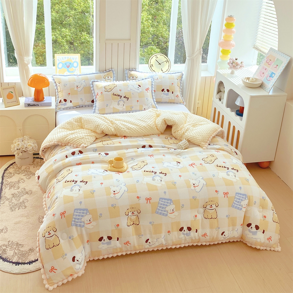 91家纺网 家纺一手货源 找家纺 宝士康家纺 2025新品毛球花边豆豆绒被子被芯冬被/春秋被/被芯/跨境外贸 萌犬小铺