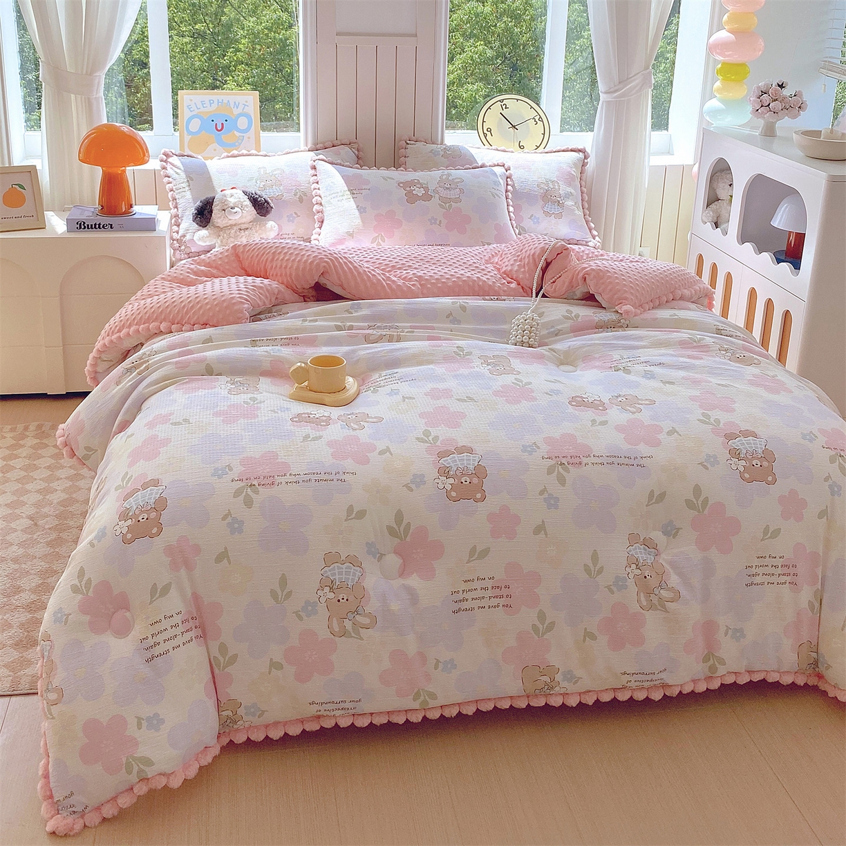 91家纺网 家纺一手货源 找家纺 宝士康家纺 2025新品毛球花边豆豆绒被子被芯冬被/春秋被/被芯/跨境外贸 花漾甜心