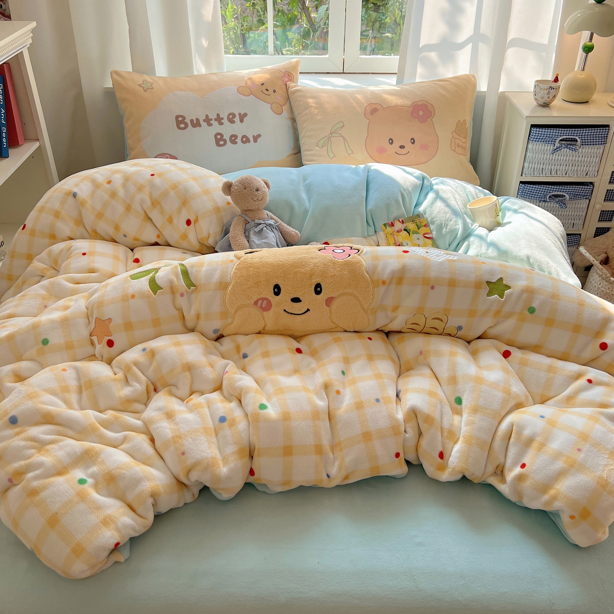 91家纺网 家纺一手货源 找家纺 桃喜 2025新款亲肤卡通系列四件套 黄格小熊