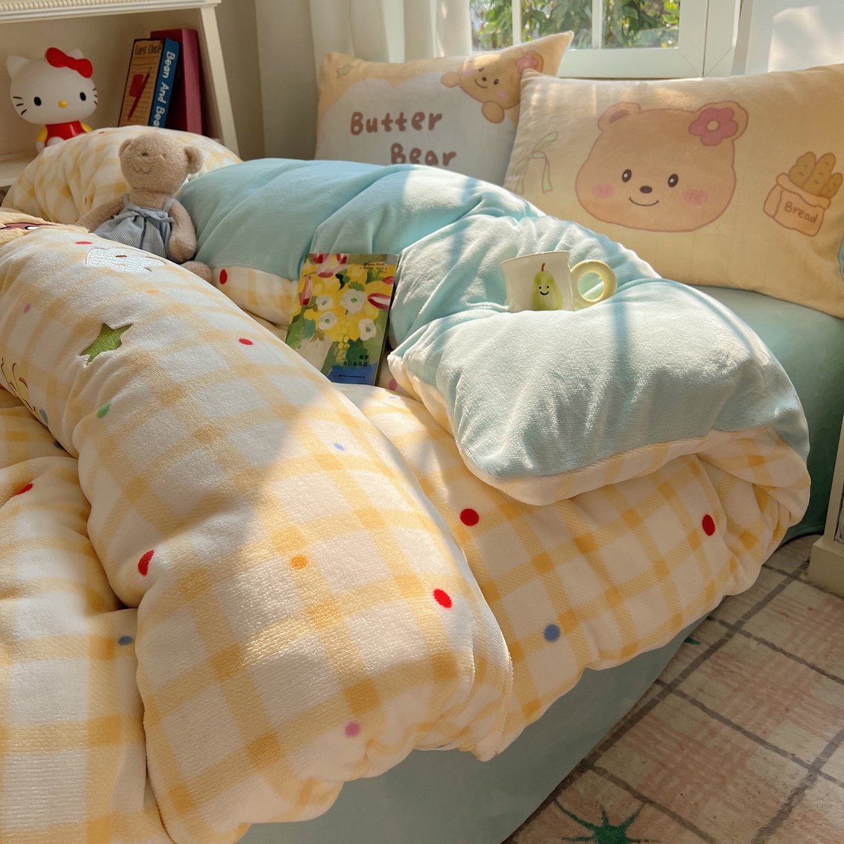 91家纺网 家纺一手货源 找家纺 桃喜 2025新款亲肤卡通系列四件套 黄格小熊