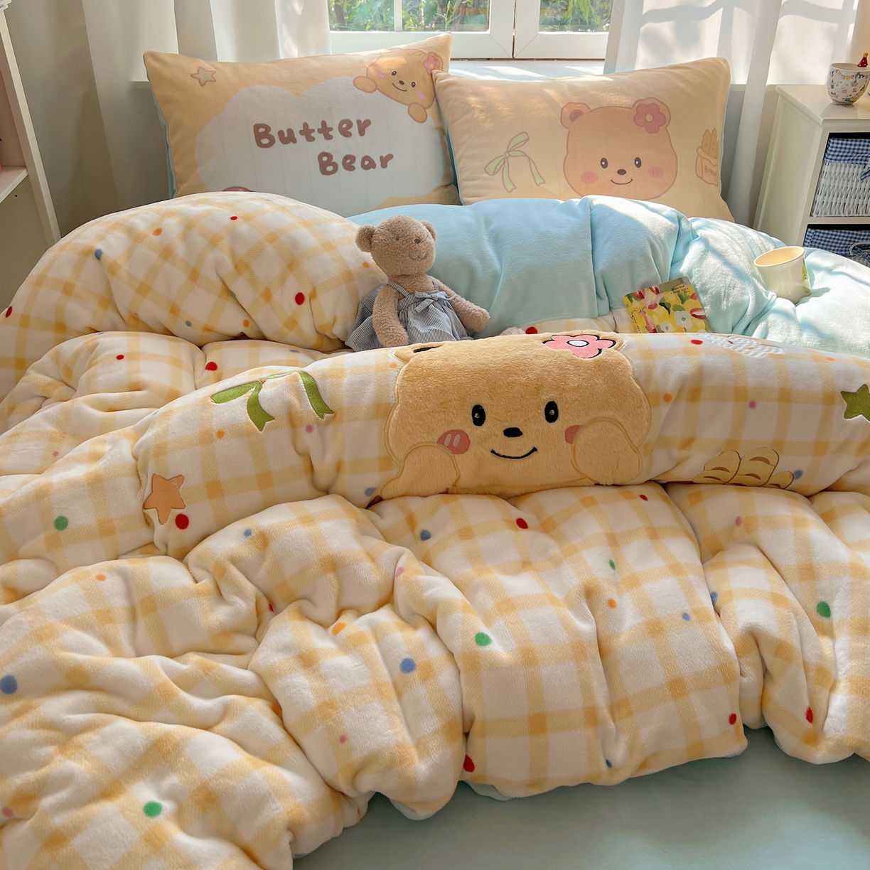 91家纺网 家纺一手货源 找家纺 桃喜 2025新款亲肤卡通系列四件套 黄格小熊