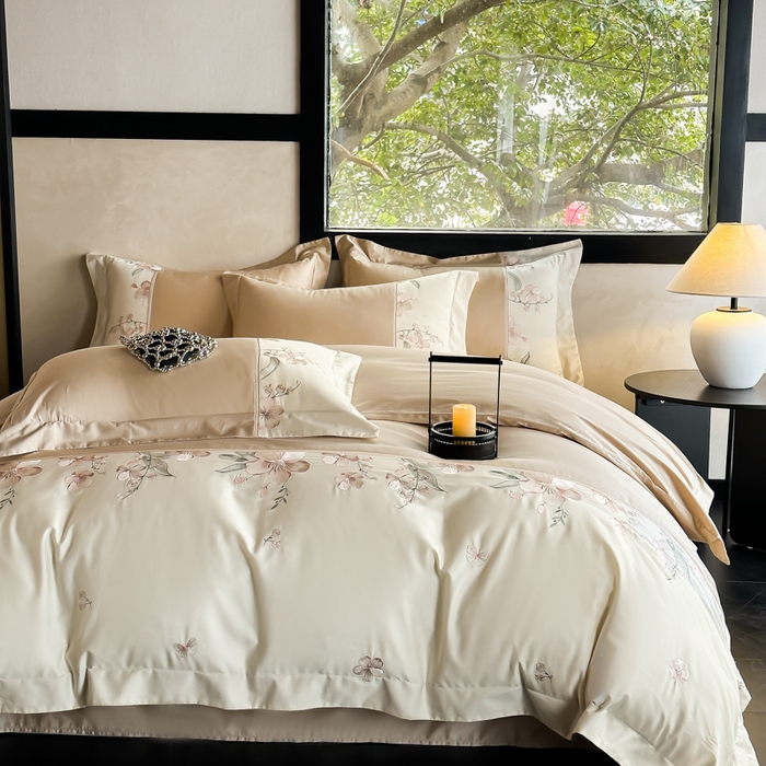 91家纺网 家纺一手货源 找家纺 宅家居 2025新款樱花恋系列-轻奢法式小香风双面100%纯棉刺绣拼接款全棉长绒棉四件套 香槟金