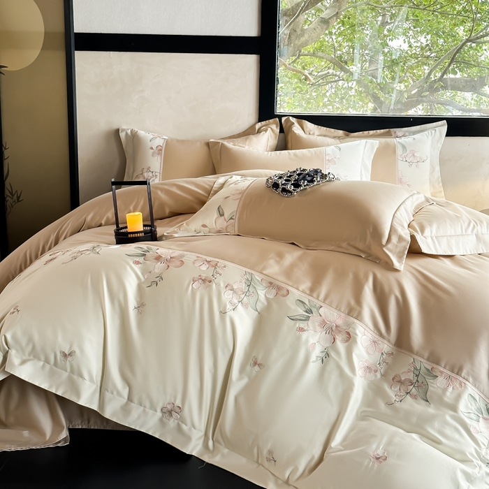 91家纺网 家纺一手货源 找家纺 宅家居 2025新款樱花恋系列-轻奢法式小香风双面100%纯棉刺绣拼接款全棉长绒棉四件套 香槟金