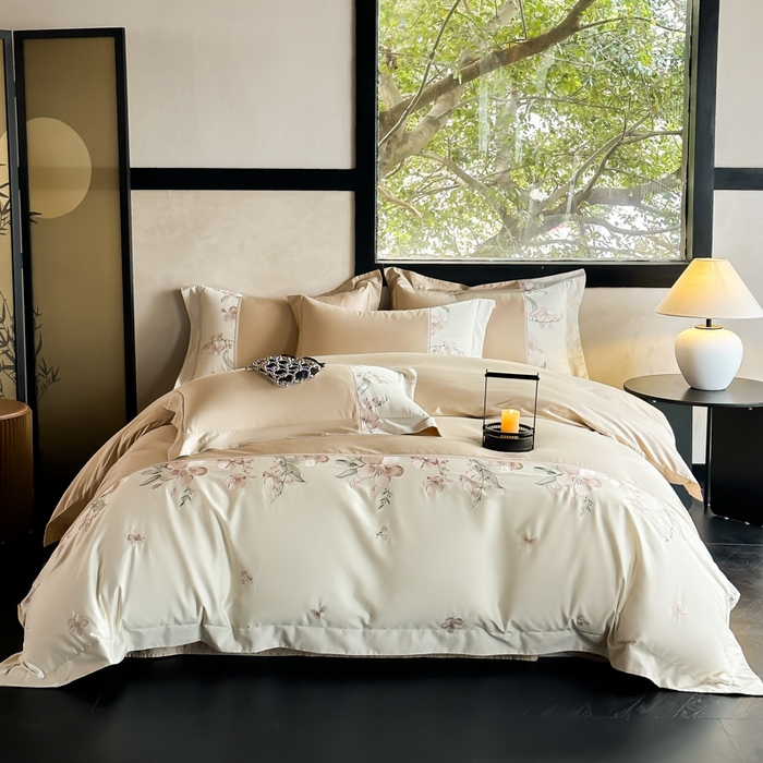 91家纺网 家纺一手货源 找家纺 宅家居 2025新款樱花恋系列-轻奢法式小香风双面100%纯棉刺绣拼接款全棉长绒棉四件套 香槟金