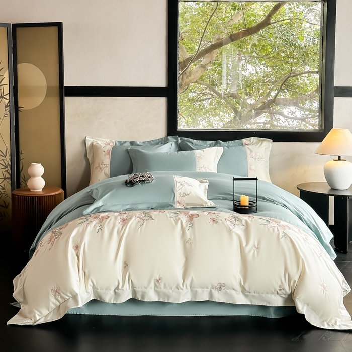 91家纺网 家纺一手货源 找家纺 宅家居 2025新款樱花恋系列-轻奢法式小香风双面100%纯棉刺绣拼接款全棉长绒棉四件套 松石绿