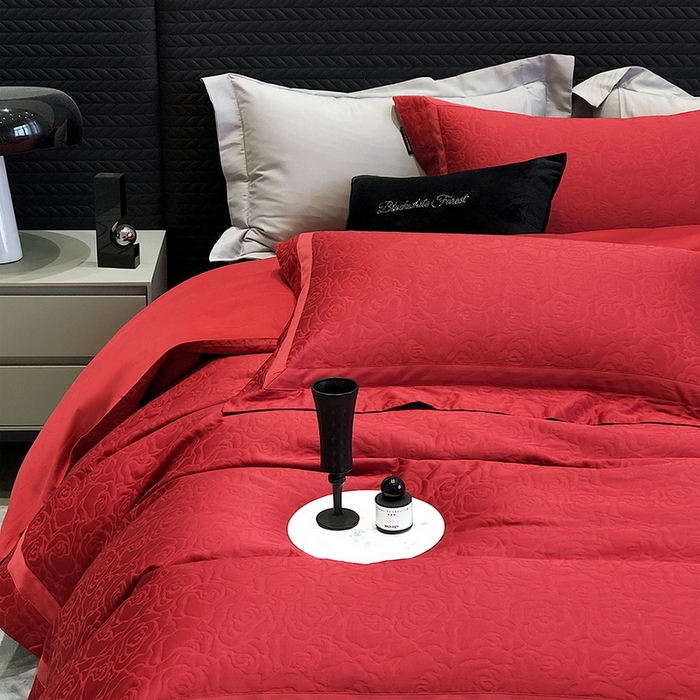 91家纺网 家纺一手货源 找家纺 黑白森林 2025新款高支全棉厚织磨毛提花四件套-花间集 花间集-云夕红