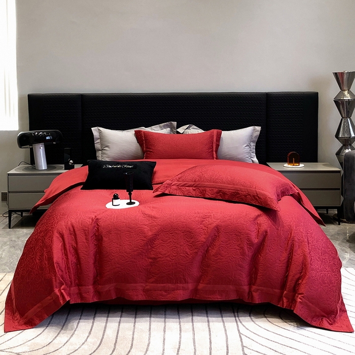 91家纺网 家纺一手货源 找家纺 黑白森林 2025新款高支全棉厚织磨毛提花四件套-花间集 花间集-云夕红