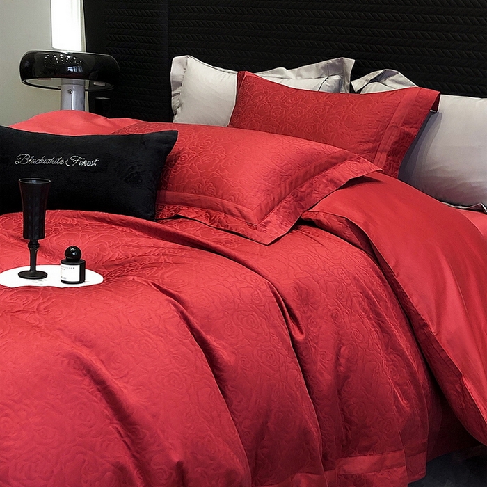 91家纺网 家纺一手货源 找家纺 黑白森林 2025新款高支全棉厚织磨毛提花四件套-花间集 花间集-云夕红