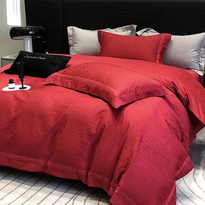 91家纺网 家纺一手货源 找家纺 黑白森林 2025新款高支全棉厚织磨毛提花四件套-花间集 花间集-云夕红