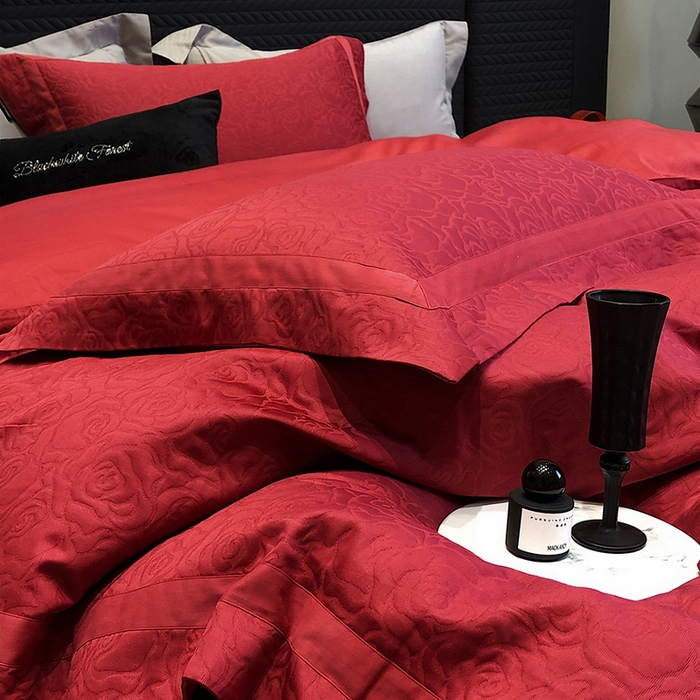 91家纺网 家纺一手货源 找家纺 黑白森林 2025新款高支全棉厚织磨毛提花四件套-花间集 花间集-云夕红