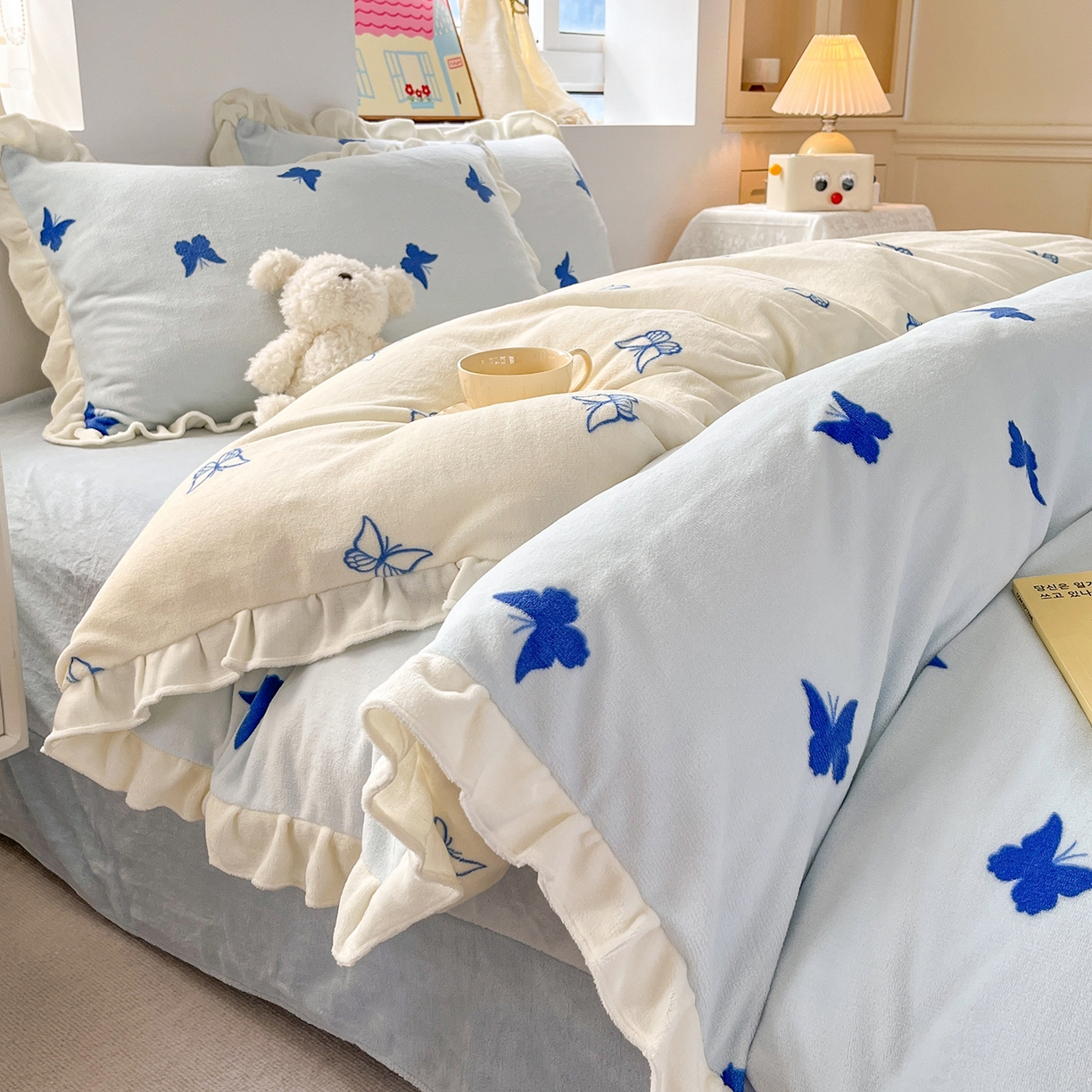 麦朵家居 2025新款10斤重床盖款花边牛奶绒四件套雕花绒法莱绒四件套兔兔绒四件套床笠三件套-梦蝶 梦蝶蓝