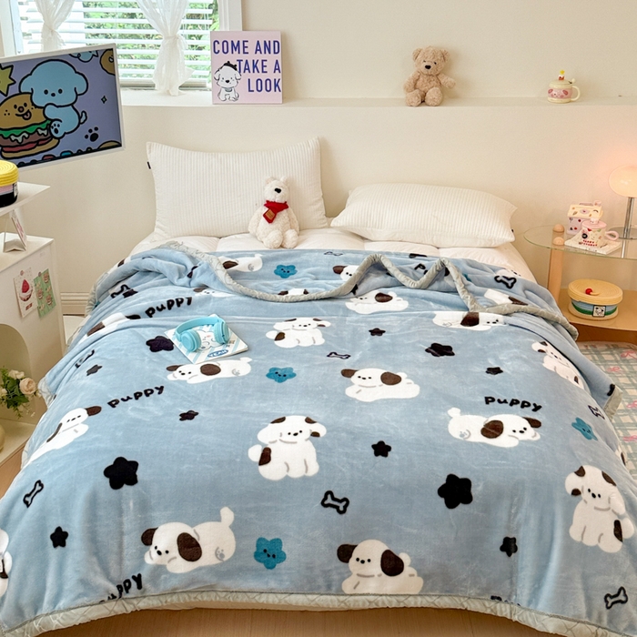 91家纺网 家纺一手货源 找家纺 丹兰 双层加厚拉舍尔毛毯牛奶绒毯子结婚盖毯法兰绒垫毯新版 75蓝色波比