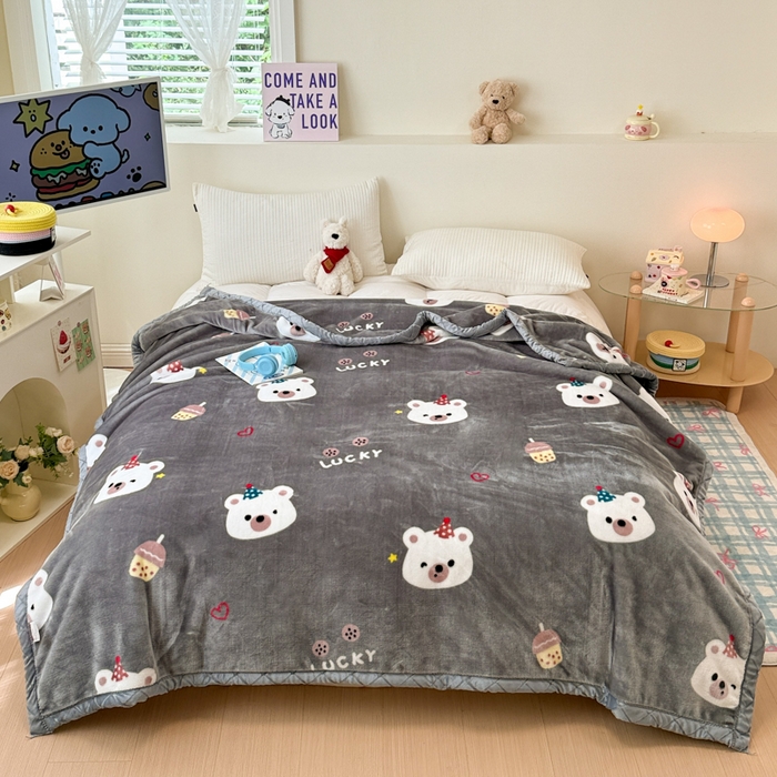 91家纺网 家纺一手货源 找家纺 丹兰 双层加厚拉舍尔毛毯牛奶绒毯子结婚盖毯法兰绒垫毯新版 76幸运熊