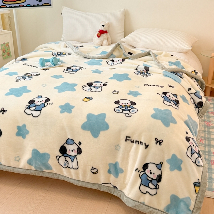 91家纺网 家纺一手货源 找家纺 丹兰 双层加厚拉舍尔毛毯牛奶绒毯子结婚盖毯法兰绒垫毯新版 77奶油小狗