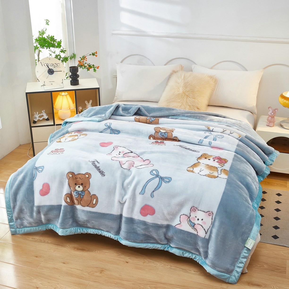 91家纺网 家纺一手货源 找家纺 丹兰 双层加厚拉舍尔毛毯牛奶绒毯子结婚盖毯法兰绒垫毯新版 77奶油小狗