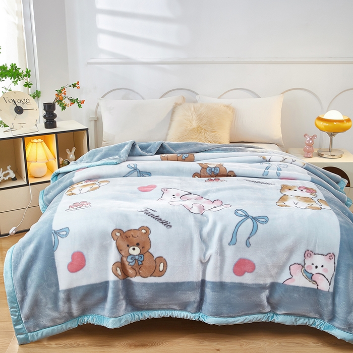 91家纺网 家纺一手货源 找家纺 丹兰 双层加厚拉舍尔毛毯牛奶绒毯子结婚盖毯法兰绒垫毯c版 022躲猫猫-蓝