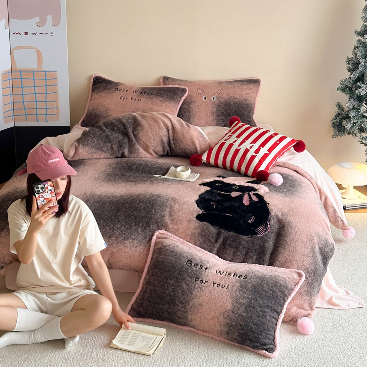 宇航家纺 2025新款仿羊毛仿羊绒牛奶绒复古风美拉德立体贴布绣花四件套 呆萌猫咪