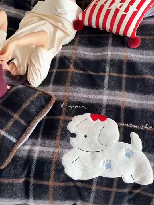 91家纺网 家纺一手货源 找家纺 宇航家纺 2025新款仿羊毛仿羊绒牛奶绒复古风美拉德立体贴布绣花四件套 福宝小狗