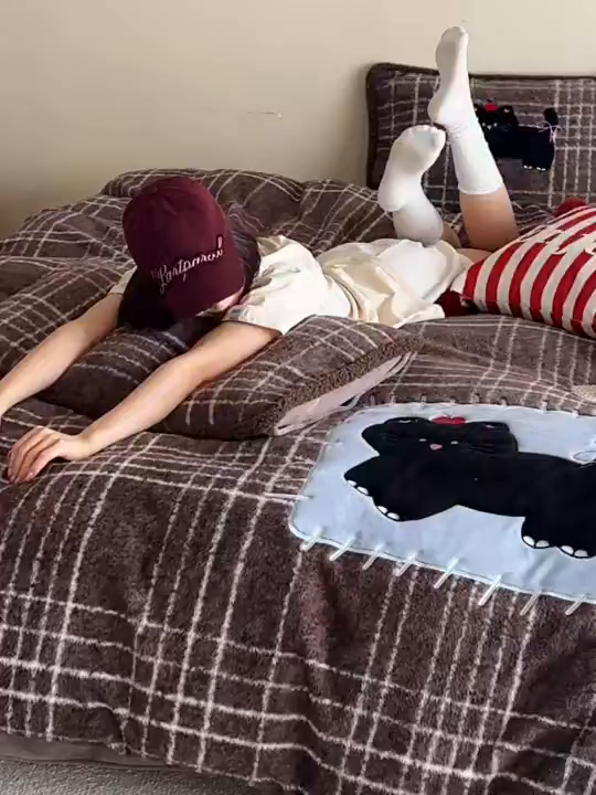 91家纺网 家纺一手货源 找家纺 宇航家纺 2025新款仿羊毛仿羊绒牛奶绒复古风美拉德立体贴布绣花四件套 煤球小猫