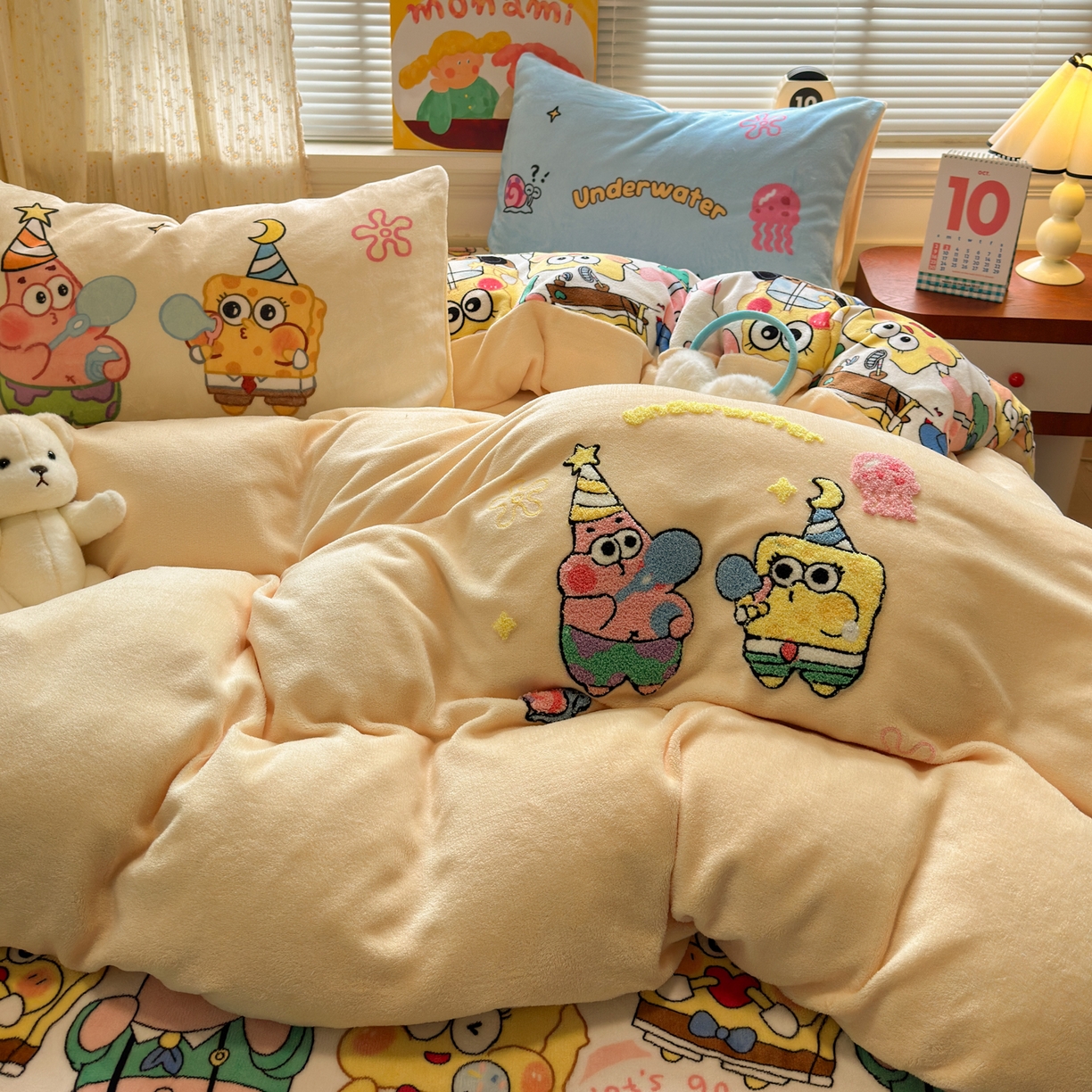 91家纺网 家纺一手货源 找家纺 乐童家纺 2025新款小清新牛奶绒毛巾绣四件套-第二波 吹泡泡黄色