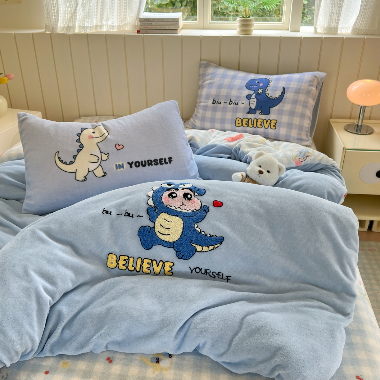 乐童家纺 2025新款小清新牛奶绒毛巾绣四件套-第二波 魔法恐龙