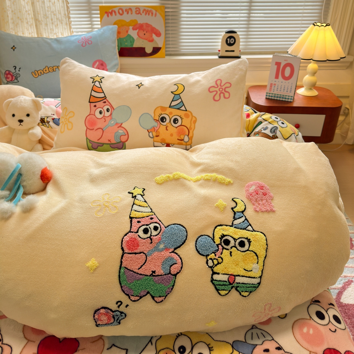 91家纺网 家纺一手货源 找家纺 乐童家纺 2025新款小清新牛奶绒毛巾绣四件套-第二波 吹泡泡黄色