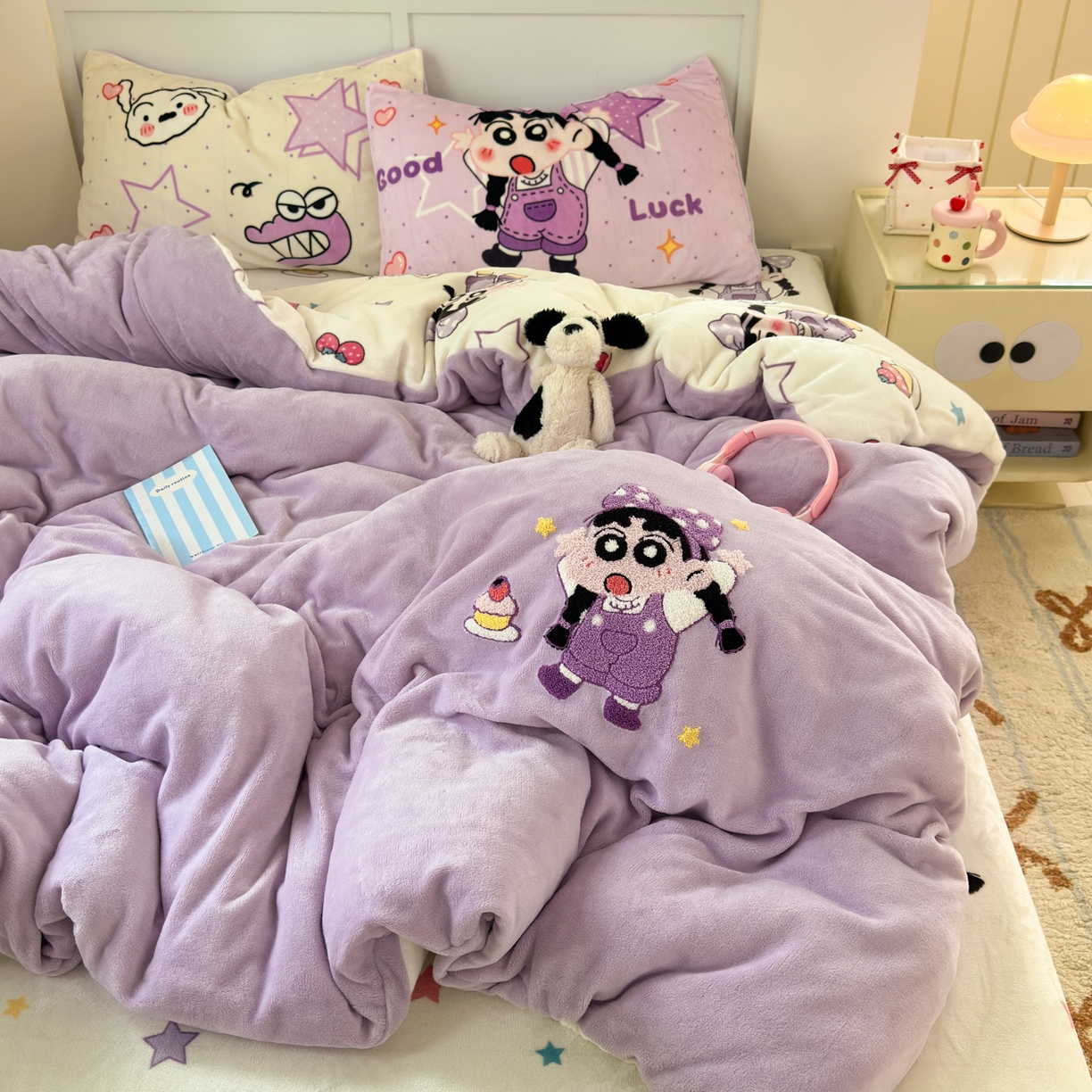 乐童家纺 2025新款小清新牛奶绒毛巾绣四件套-第二波 甜品小新紫绒