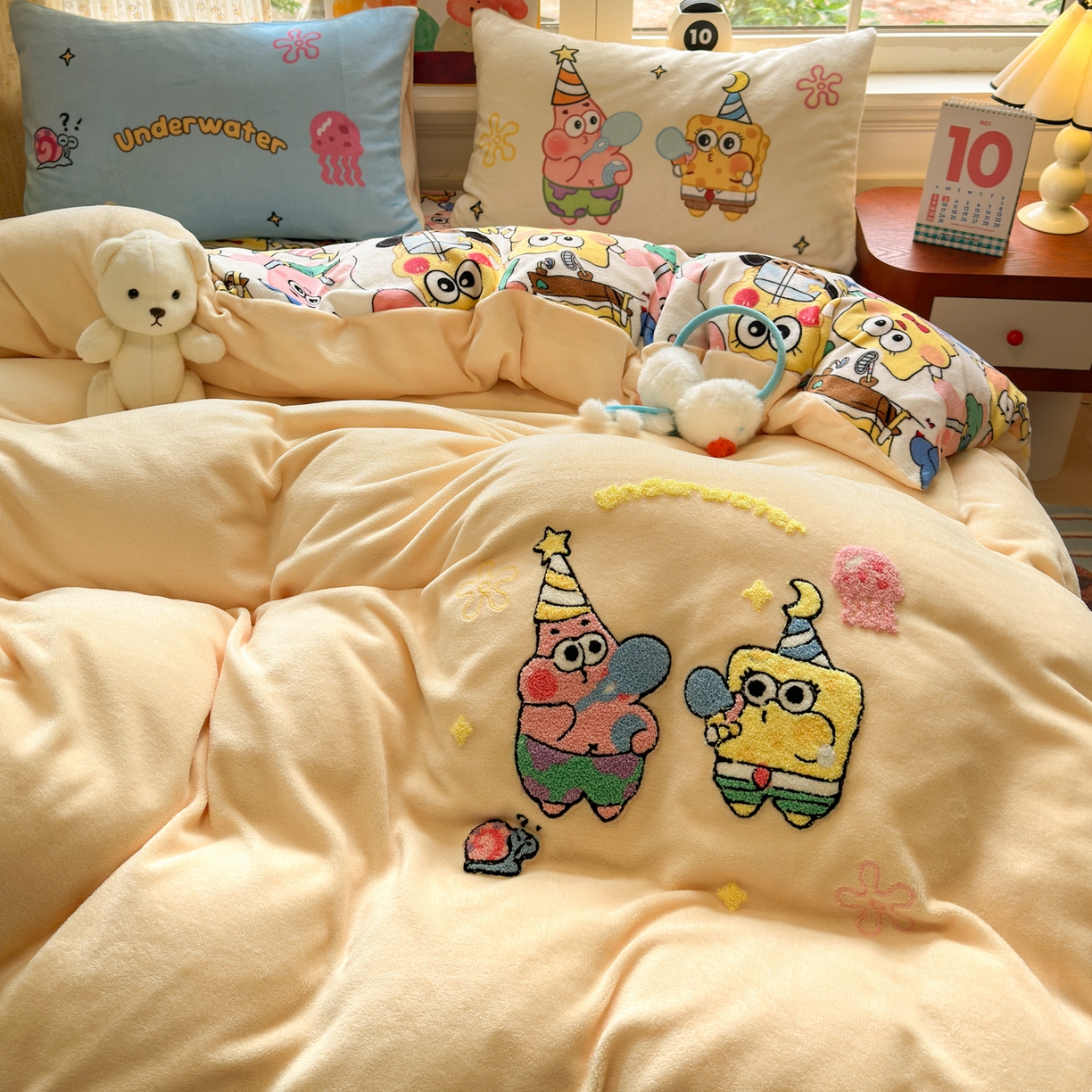 91家纺网 家纺一手货源 找家纺 乐童家纺 2025新款小清新牛奶绒毛巾绣四件套-第二波 吹泡泡黄色