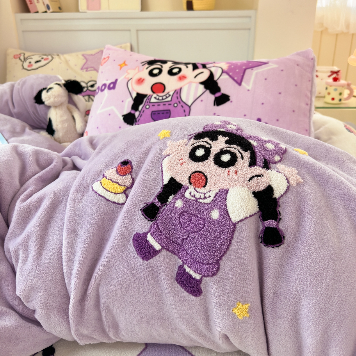 91家纺网 家纺一手货源 找家纺 乐童家纺 2025新款小清新牛奶绒毛巾绣四件套-第二波 甜品小新紫绒