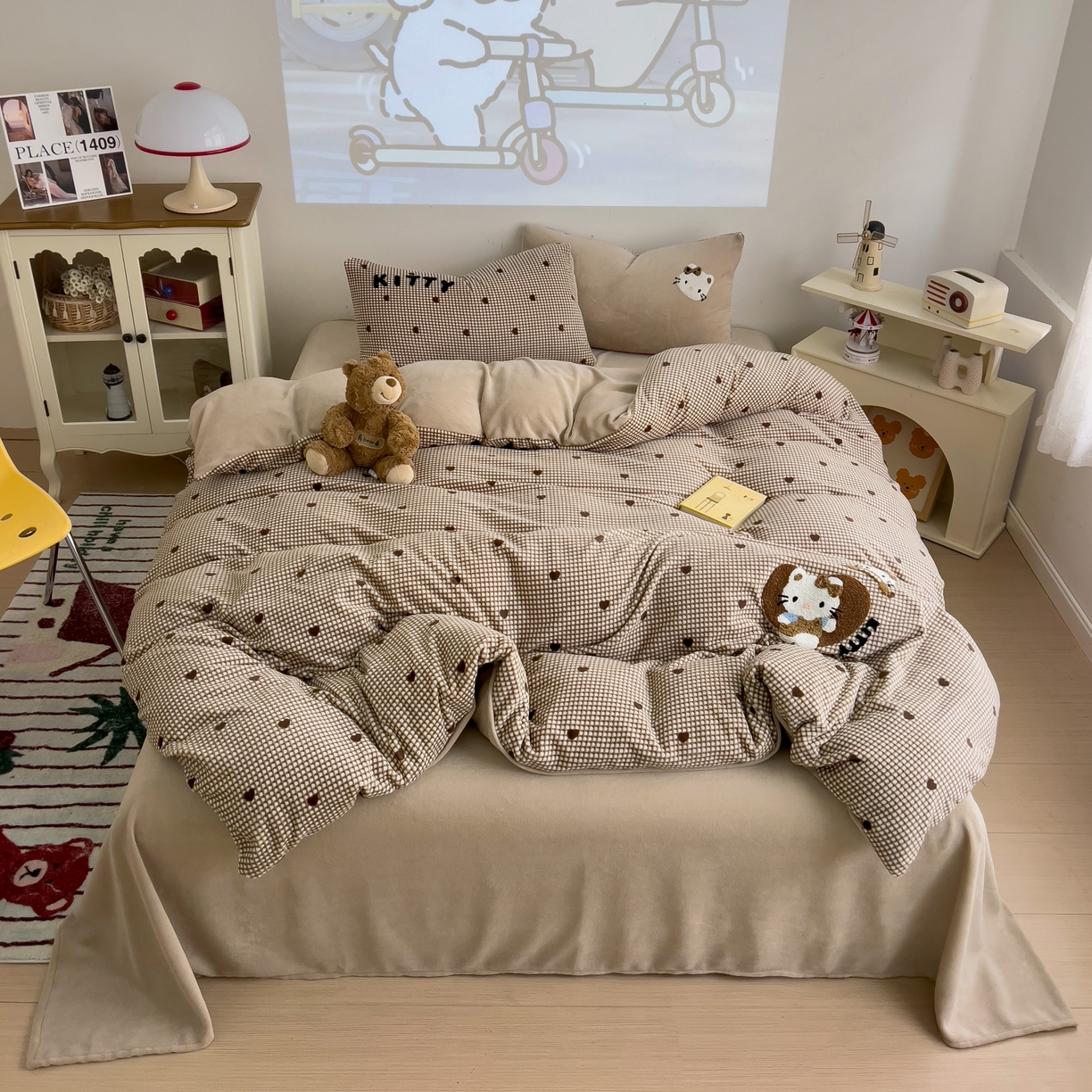 91家纺网 家纺一手货源 找家纺 乐童家纺 2025新款小清新牛奶绒毛巾绣四件套-第二波 咖啡小猫