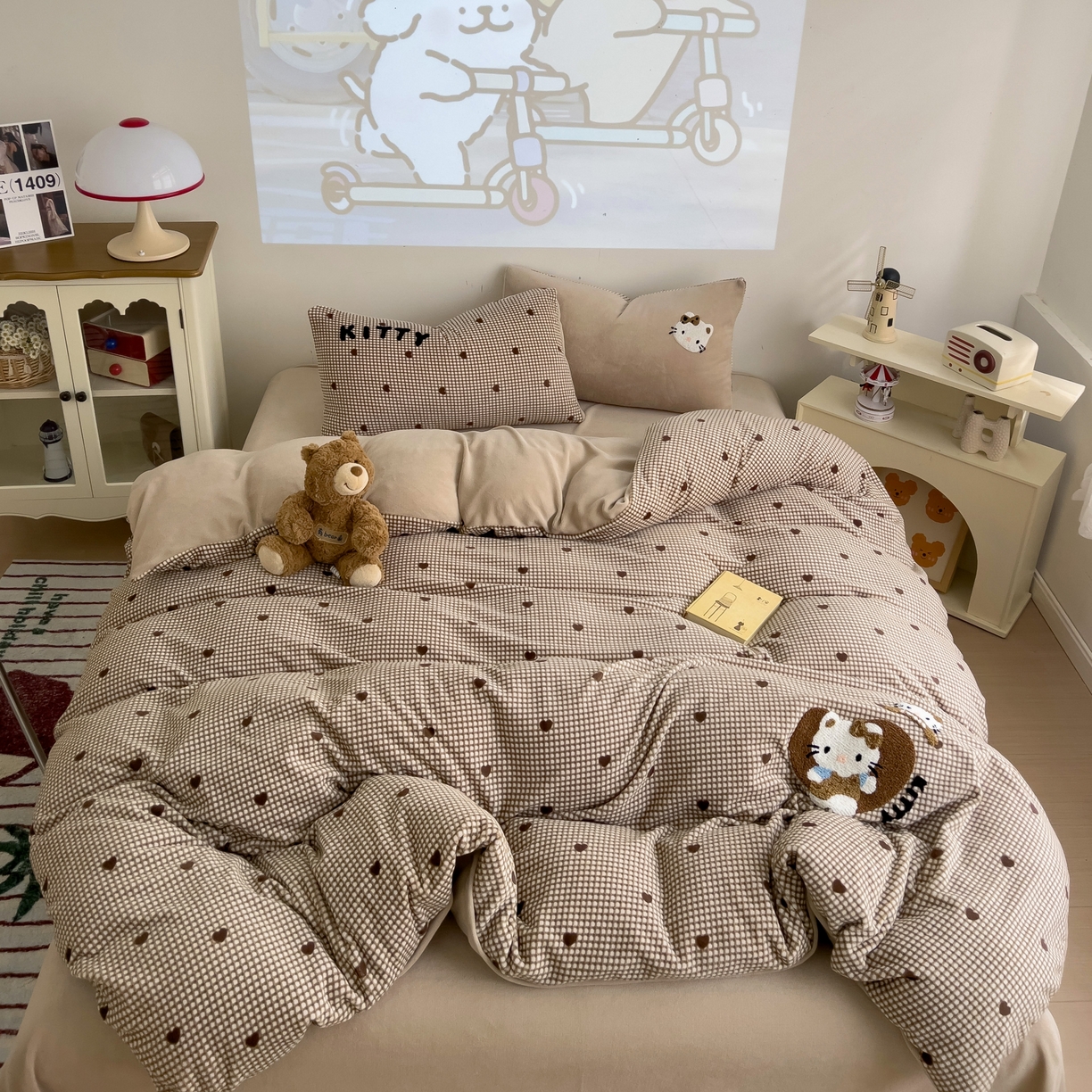 91家纺网 家纺一手货源 找家纺 乐童家纺 2025新款小清新牛奶绒毛巾绣四件套-第二波 咖啡小猫