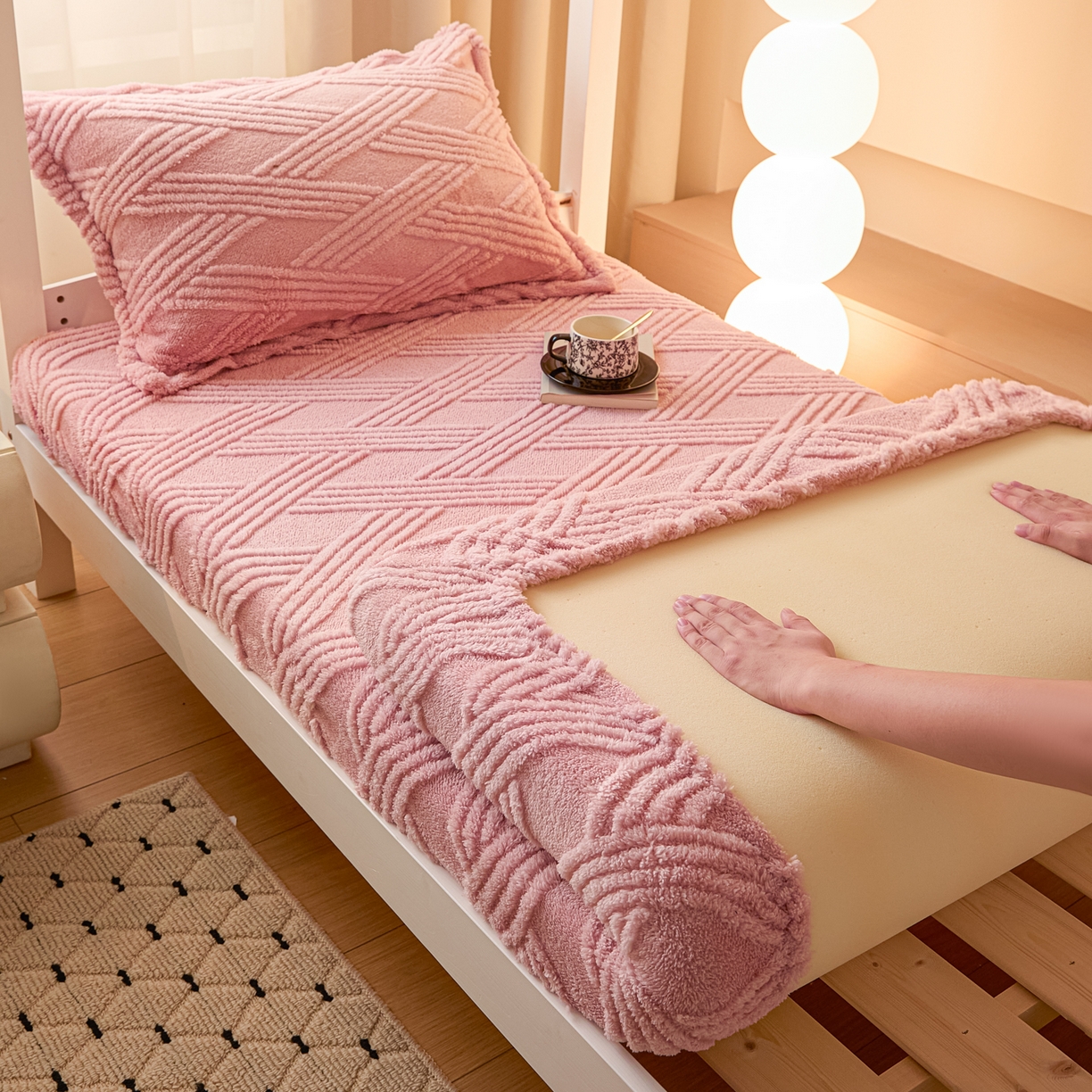 91家纺网 家纺一手货源 找家纺 川悦生活 2025新款塔夫绒印花单床笠 阳光暖垫-甜粉