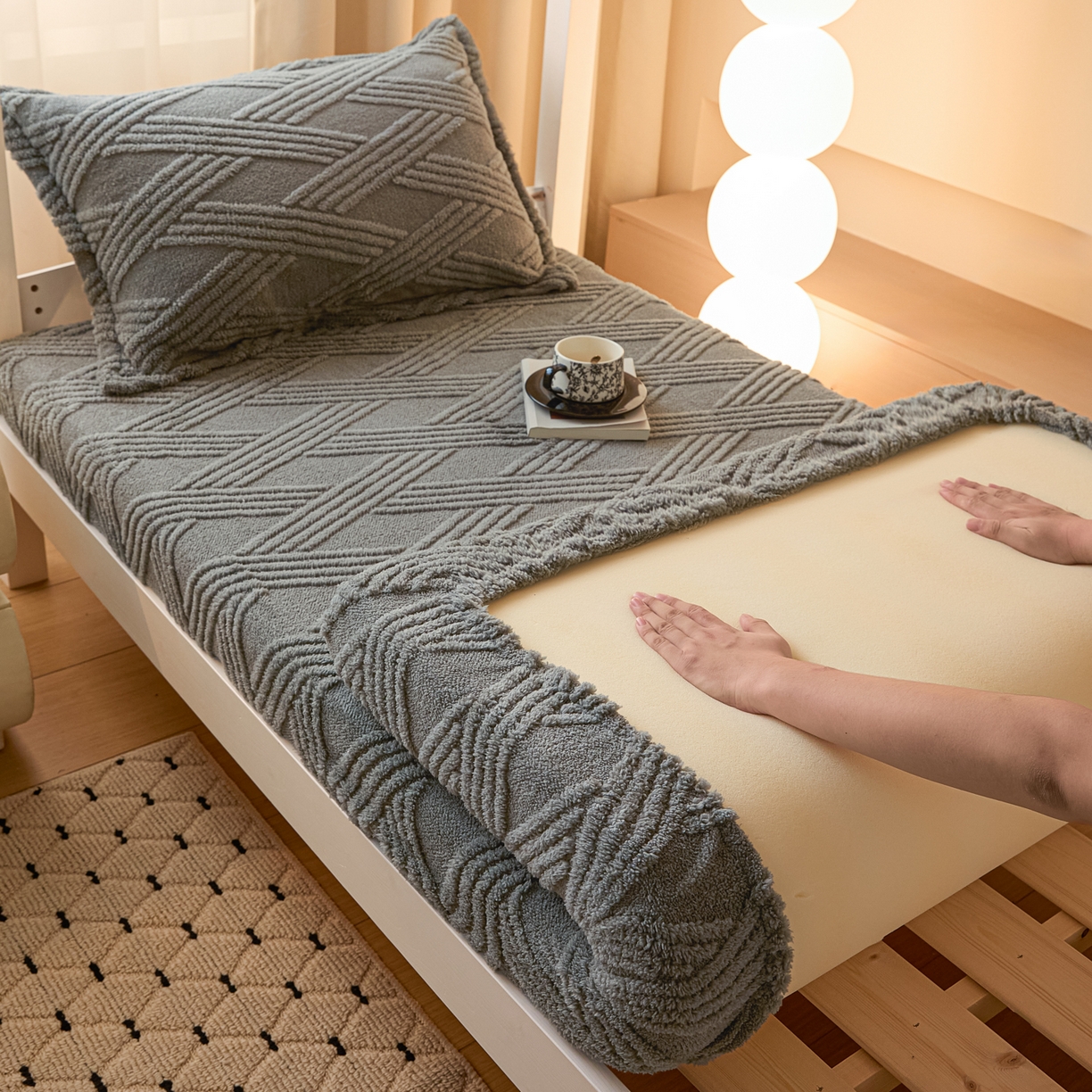 91家纺网 家纺一手货源 找家纺 川悦生活 2025新款塔夫绒印花单床笠 阳光暖垫-星灰