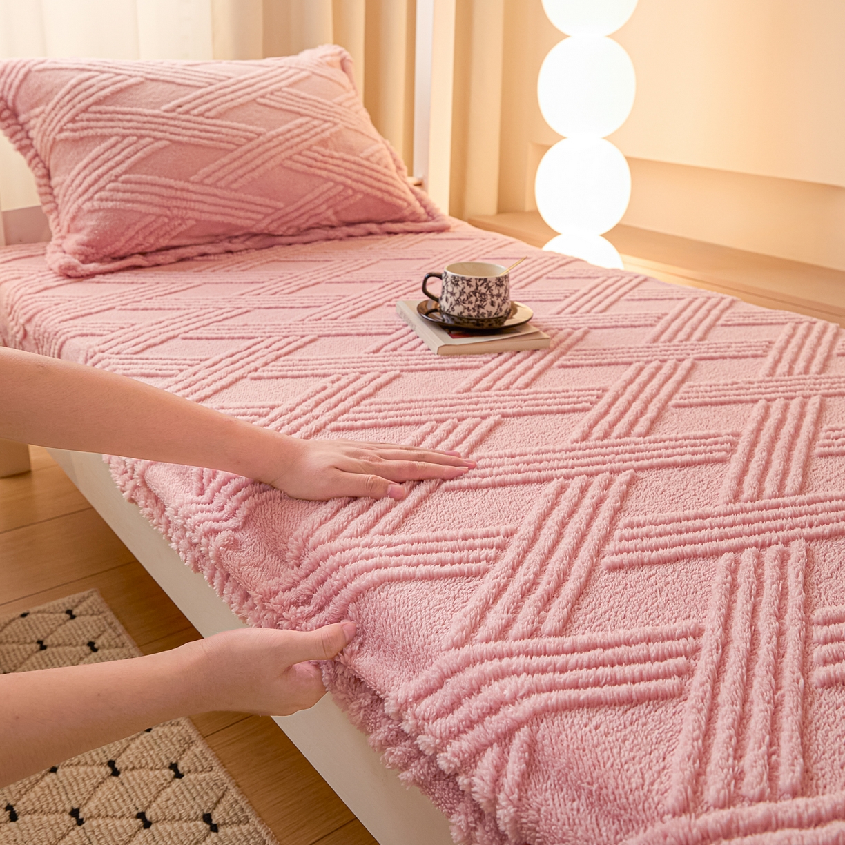 91家纺网 家纺一手货源 找家纺 川悦生活 2025新款塔夫绒印花单床笠 阳光暖垫-甜粉