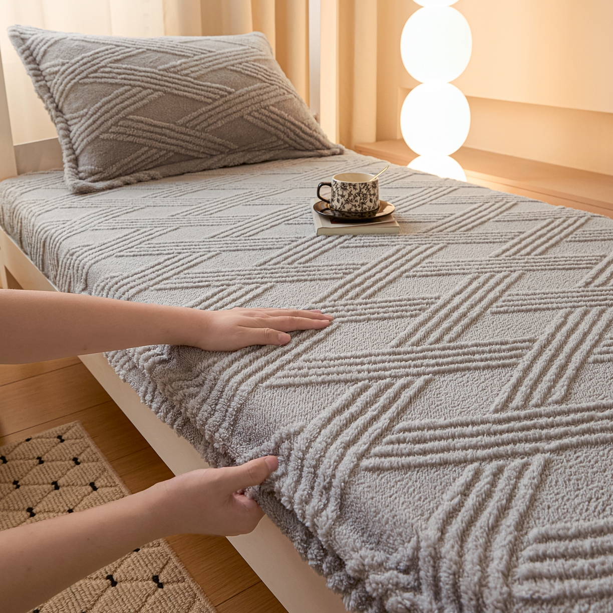 91家纺网 家纺一手货源 找家纺 川悦生活 2025新款塔夫绒印花单床笠 阳光暖垫-银灰