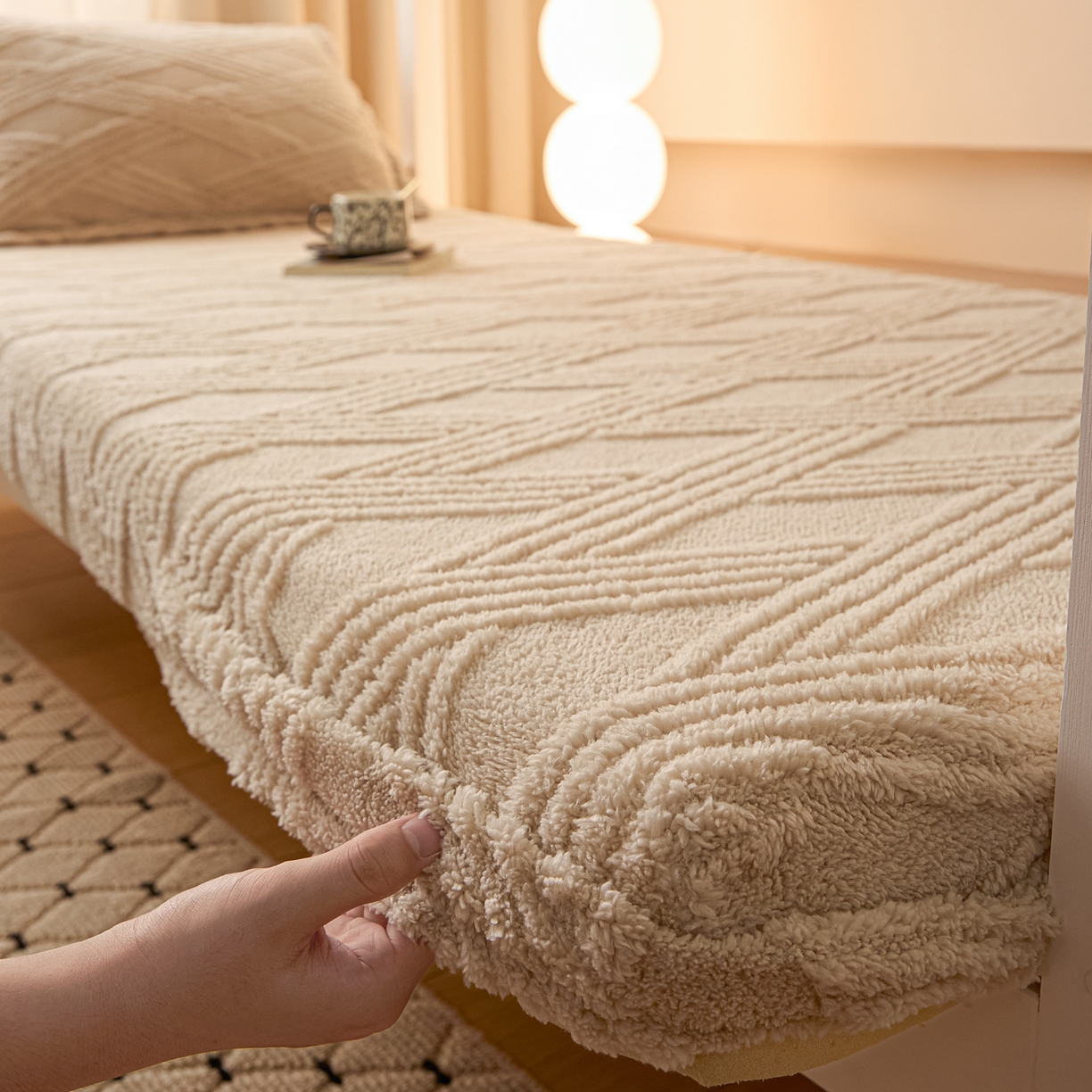 91家纺网 家纺一手货源 找家纺 川悦生活 2025新款塔夫绒印花单床笠 阳光暖垫-奶咖