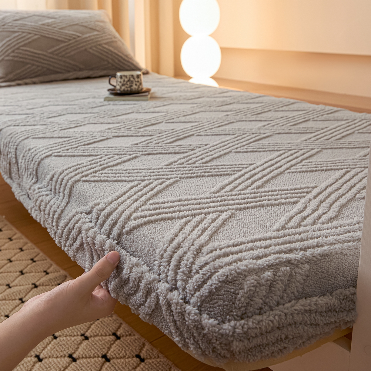 91家纺网 家纺一手货源 找家纺 川悦生活 2025新款塔夫绒印花单床笠 阳光暖垫-银灰