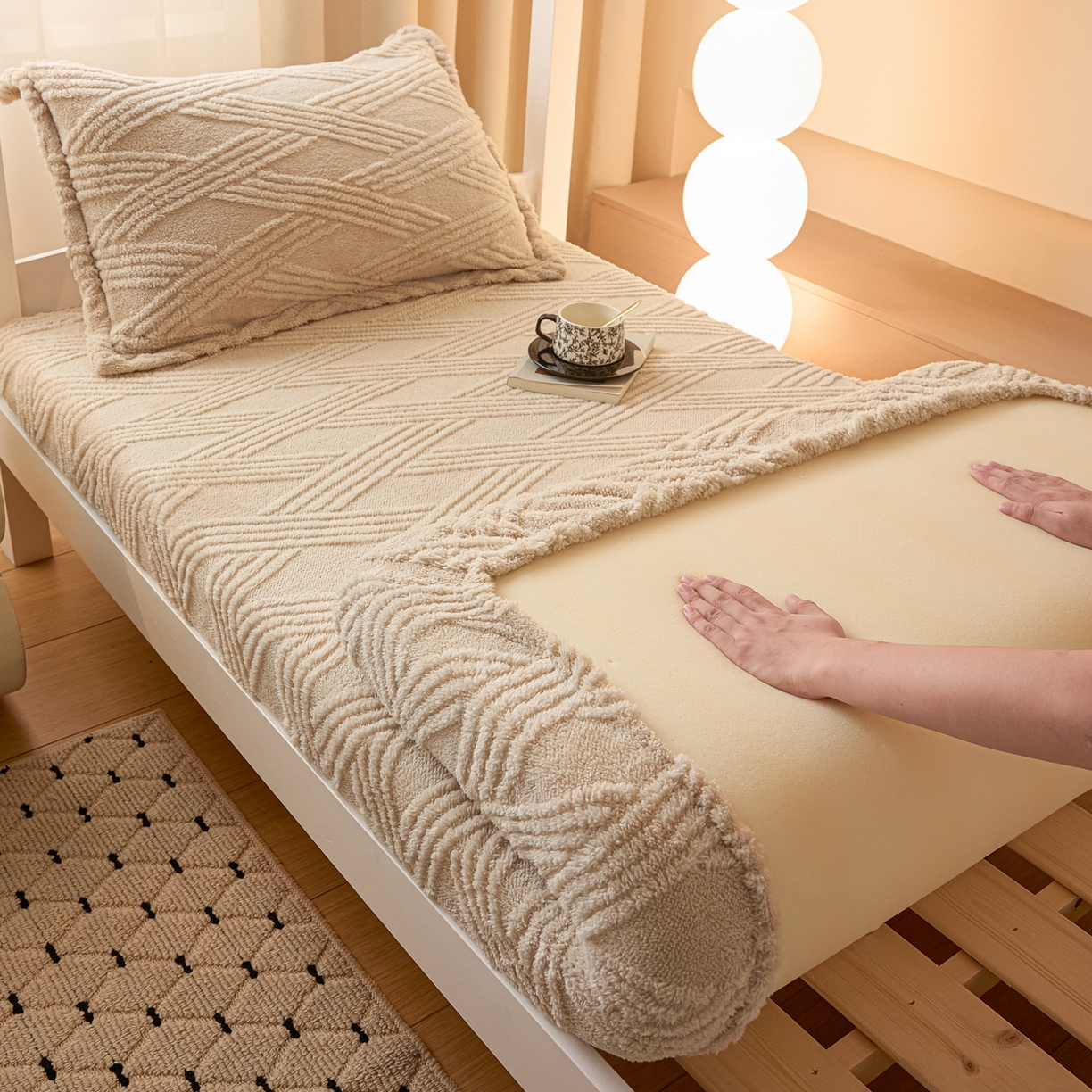 91家纺网 家纺一手货源 找家纺 川悦生活 2025新款塔夫绒印花单床笠 阳光暖垫-奶咖